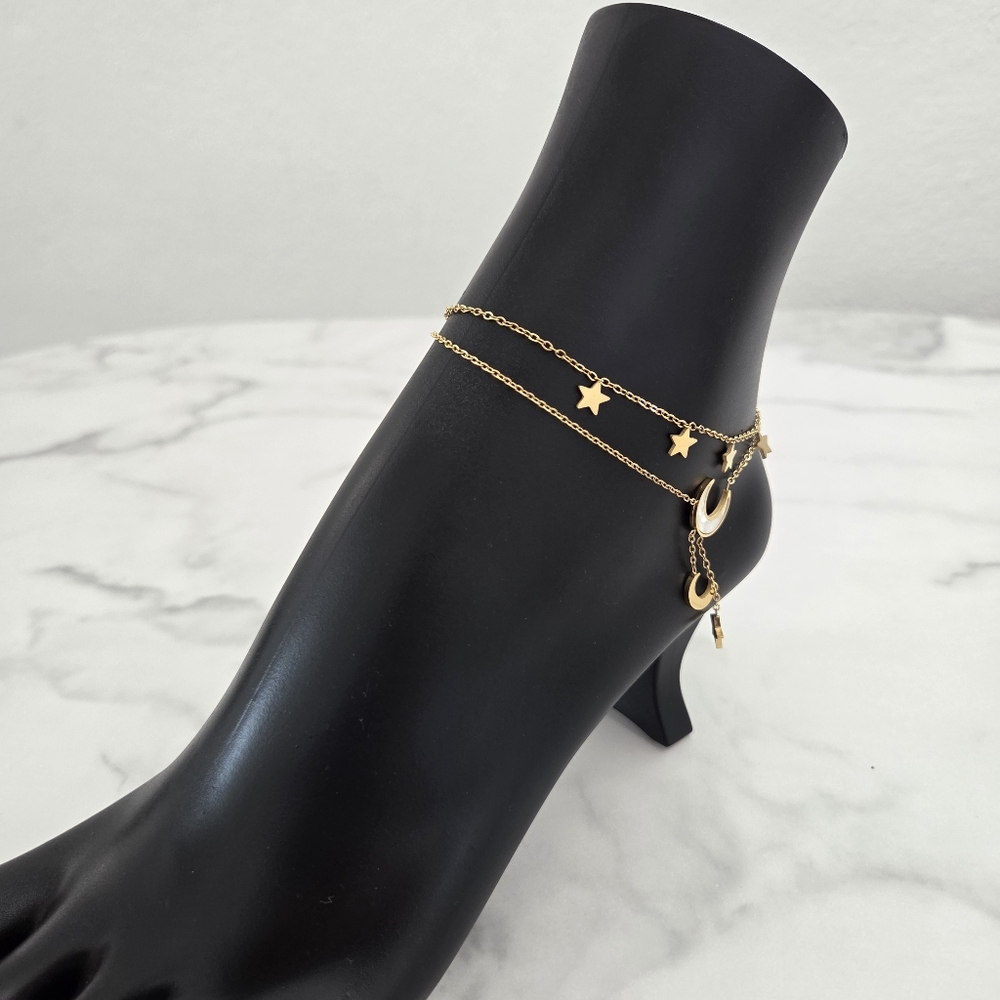 Gold Anklet Moon and Stars Charms Double Chain Layered Ankle Bracelet - Picture 13 of 15